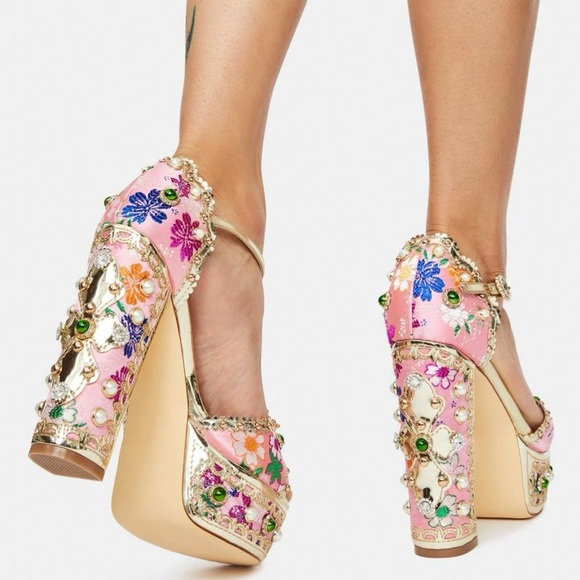 Azalea Wang Sz 7.5 Cici Pink Jeweled Platform Sandals Gold Ankle Straps EUC - Picture 2 of 8